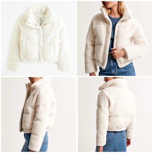 NEW Abercrombie & Fitch Sherpa Ultra Mini Puffer Jacket Bomber XXL Cream NWT - Picture 3 of 10